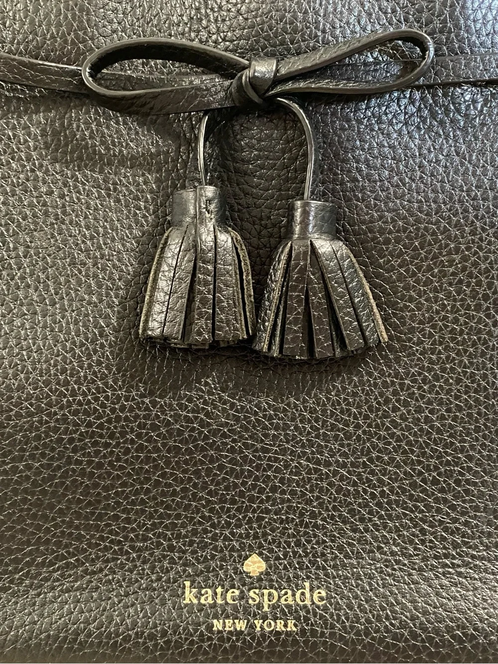 kate spade Black Pebbled Leather Satchel with Tassels with Flaws on top handle